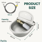 Product size and dimension diagram of the automatic stainless steel livestock water bowl with hose length.