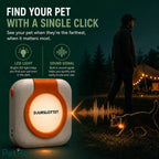 The Petifo pet tracker glowing with a bright LED light and emitting a built-in sound signal to help an owner easily locate a cat in the dark.