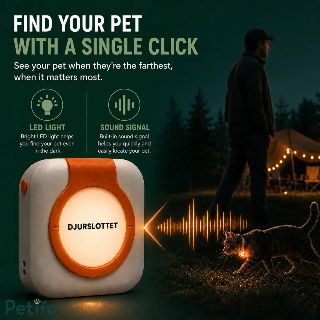The Petifo pet tracker glowing with a bright LED light and emitting a built-in sound signal to help an owner easily locate a cat in the dark.