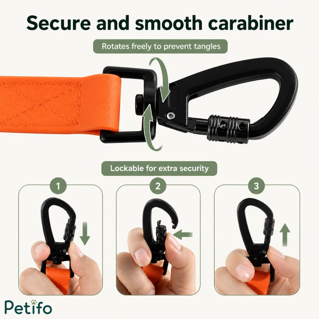 Instructional diagram for the lockable, 360-degree rotating black carabiner hook showing the 3-step locking mechanism.