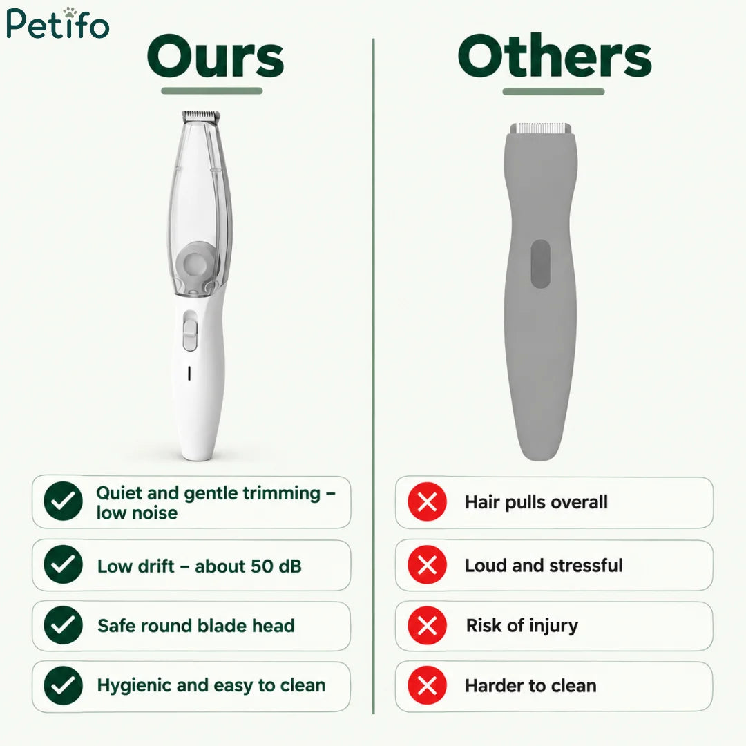 Comparison infographic contrasting the quiet, low-noise, and safe design of our vacuum trimmer against ordinary pet clippers.
