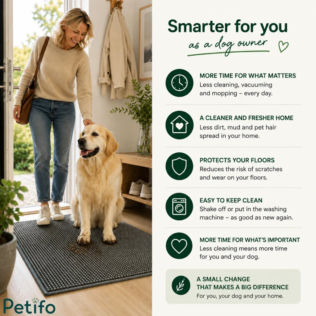 Lifestyle banner illustrating the benefits of using a machine-washable absorbent dog mat for a cleaner home and easier daily pet care.