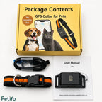 Package contents of the GPS pet collar including the device module, strap, magnetic charging cable, and user manual.