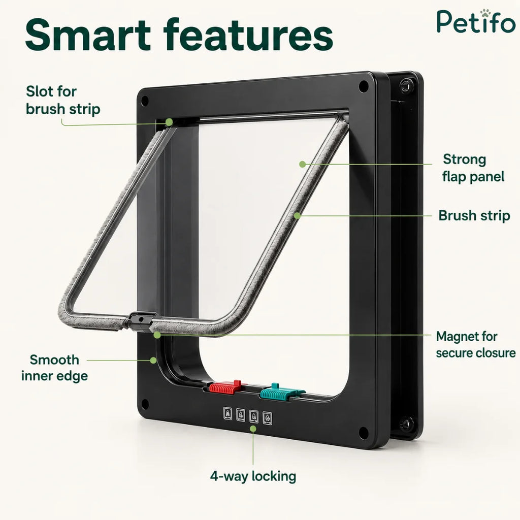 Black smart cat flap featuring detailed callouts for the 4-way locking mechanism, brush strip slots, and magnetic secure closure.