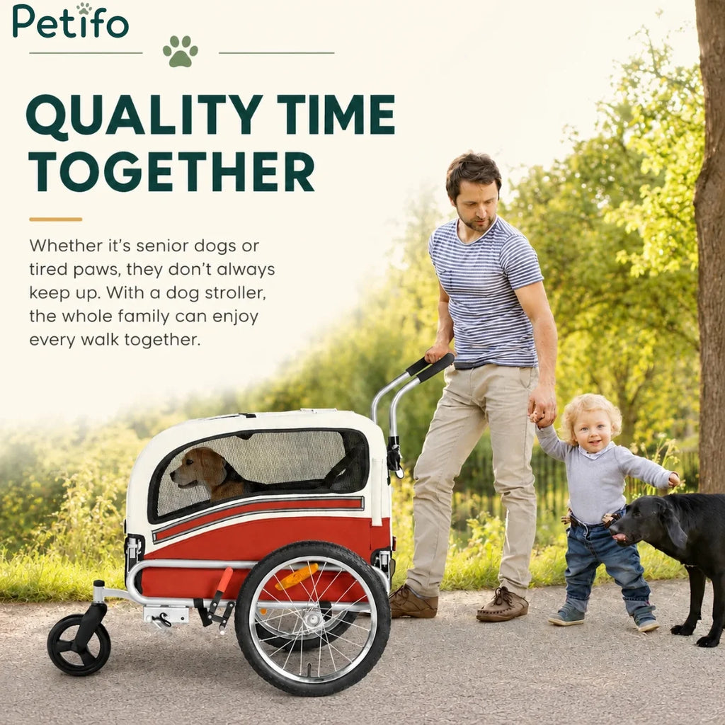 Man walking family with dog in a Petifo dog stroller.