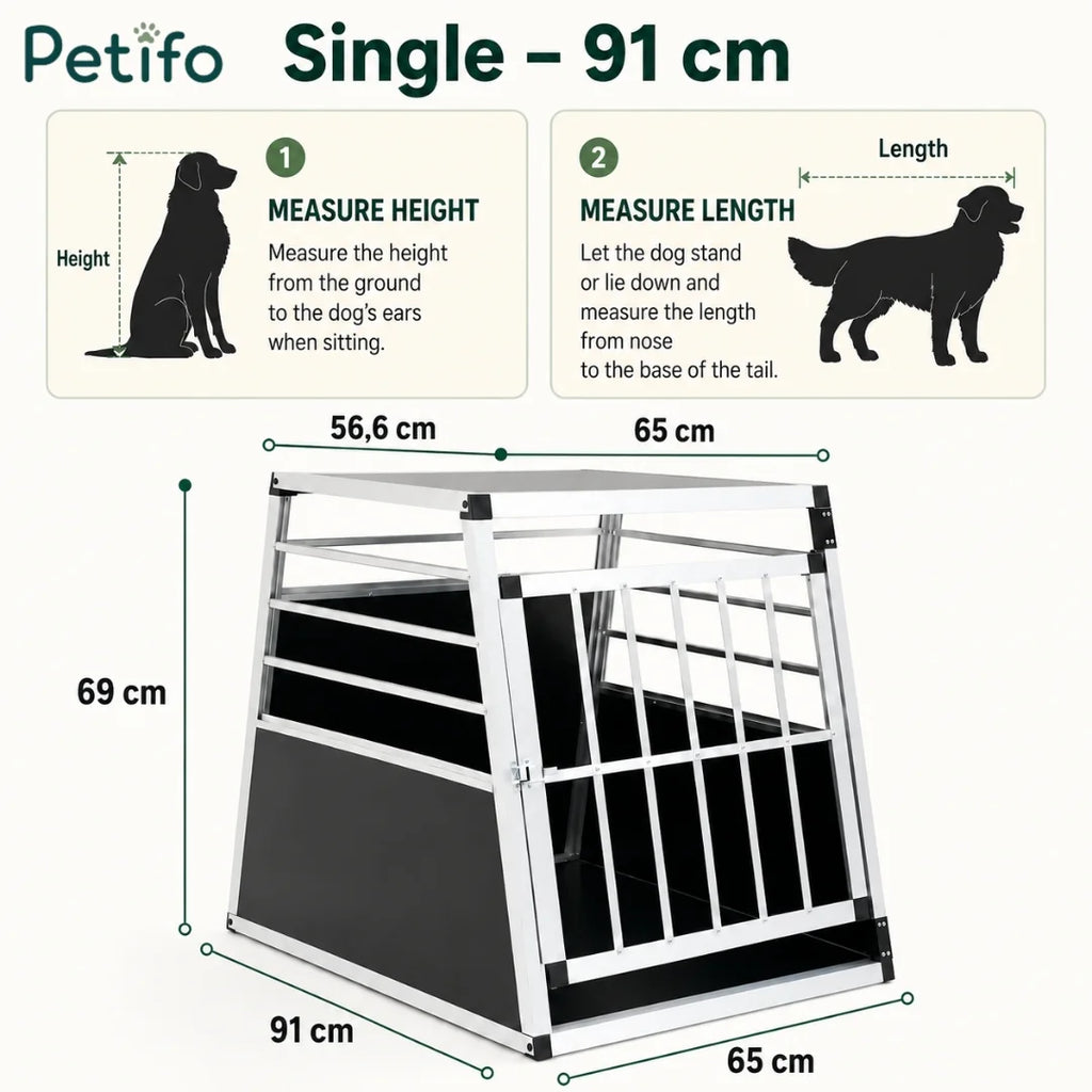 Measurement guide infographic showing dimensions for the Petifo single 91 cm aluminum dog crate.
