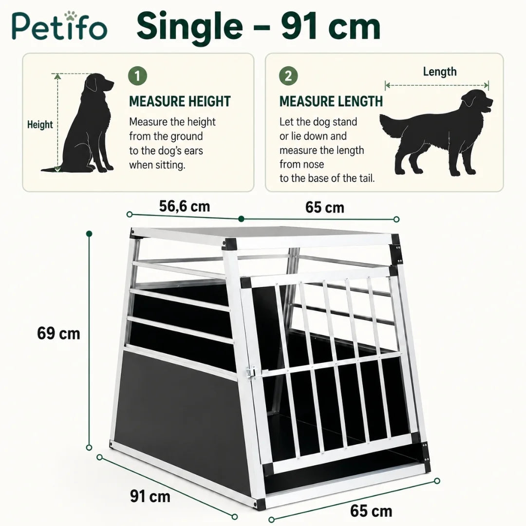 Measurement guide infographic showing dimensions for the Petifo single 91 cm aluminum dog crate.