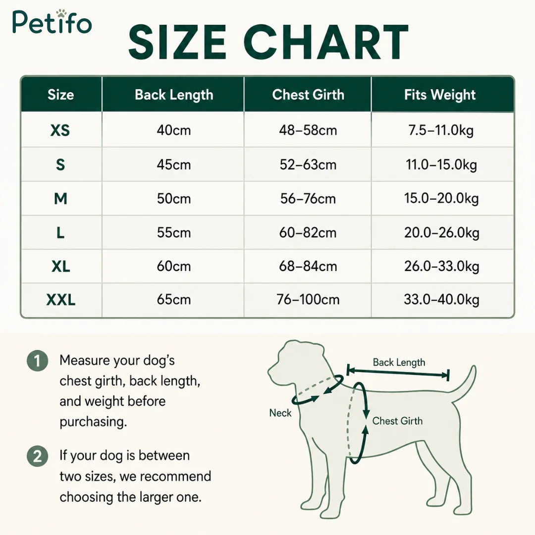 Official size chart and measurement guide detailing back length, chest girth, and weight ranges for dog coats.