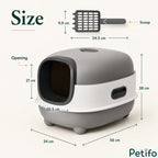 Size dimension guide showing measurements in centimeters for the grey and white enclosed cat litter box and matching scoop.