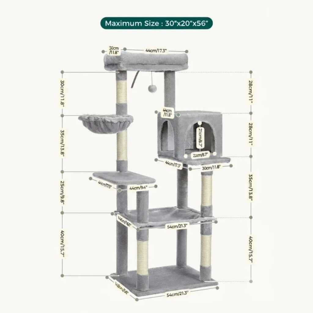 This diagram indicates a maximum size of 30" x 20" x 56" for a grey version of the cat tree, mirroring the features of the beige model.