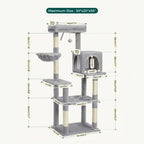 This diagram indicates a maximum size of 30" x 20" x 56" for a grey version of the cat tree, mirroring the features of the beige model.
