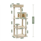 Detailed dimension schematic of a beige multi-level cat activity center, highlighting the 143 cm total height and specific platform measurements.