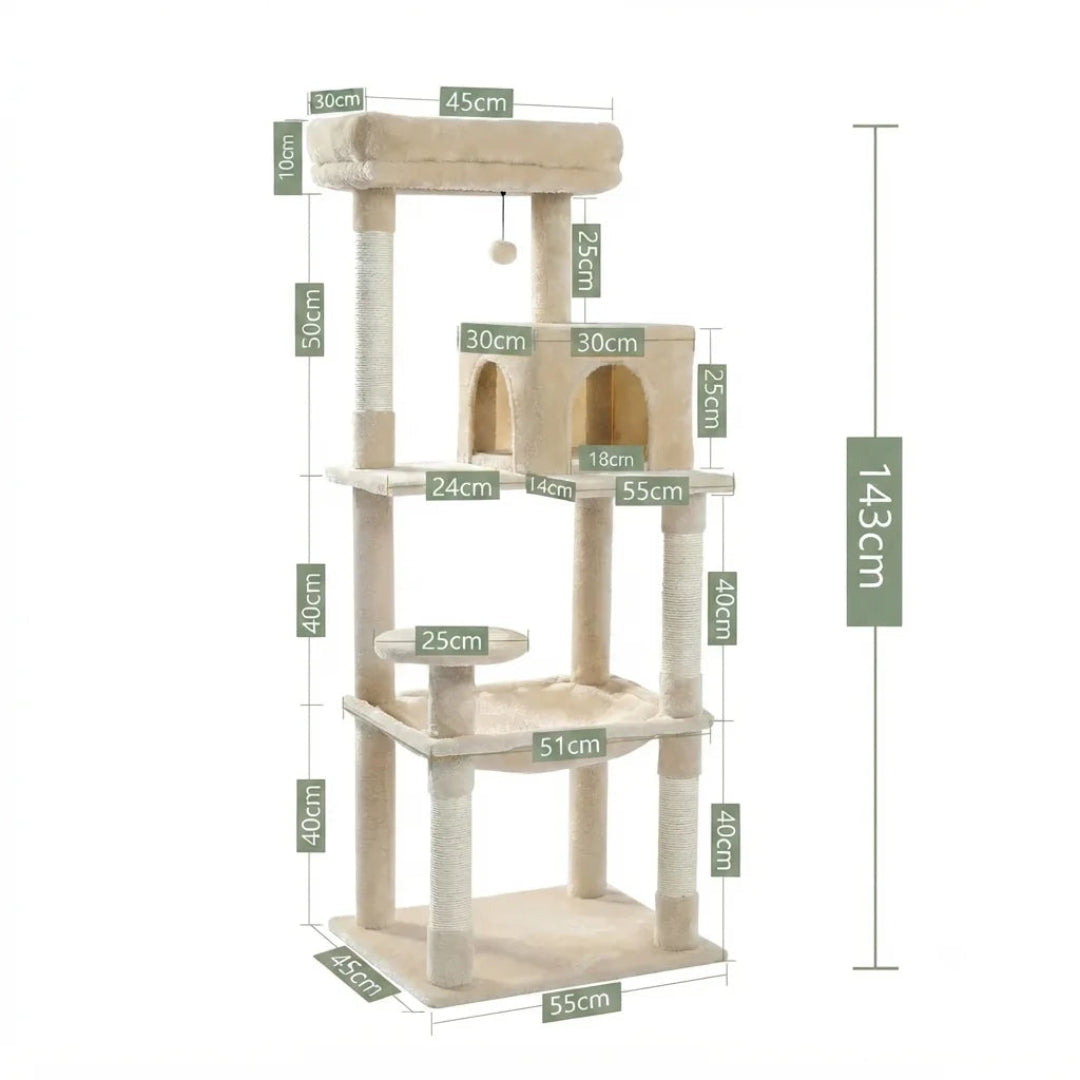 Detailed dimension schematic of a beige multi-level cat activity center, highlighting the 143 cm total height and specific platform measurements.