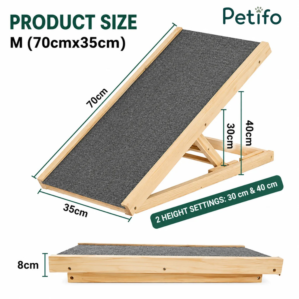 An adjustable wooden pet ramp featuring medium size dimensions of 70cm by 35cm, with two height settings at 30cm and 40cm, and a collapsed height of 8cm.
