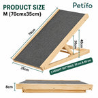 An adjustable wooden pet ramp featuring medium size dimensions of 70cm by 35cm, with two height settings at 30cm and 40cm, and a collapsed height of 8cm.