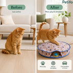 Before and after comparison showing an inactive cat compared to an active cat playing with an interactive toy mat for mental stimulation.