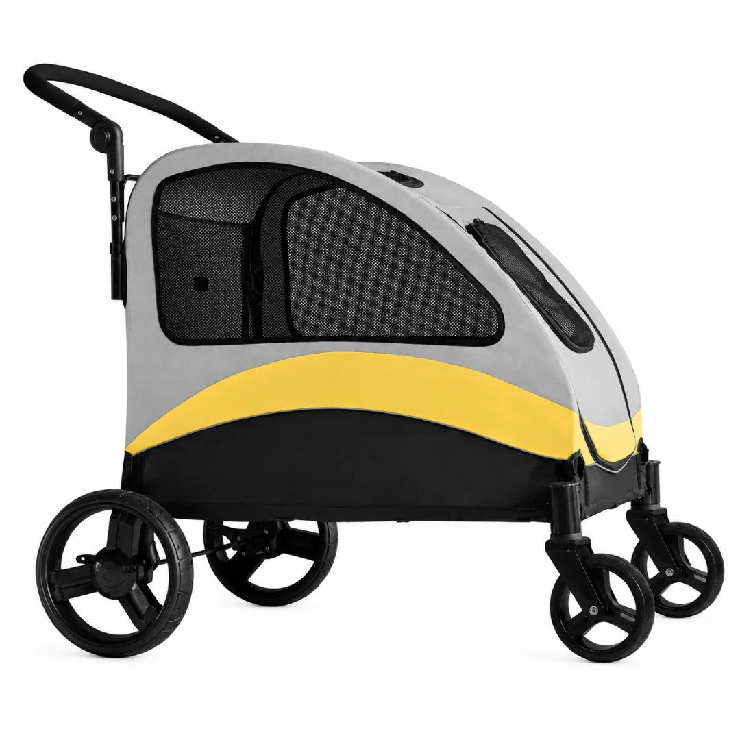 Grey and yellow heavy-duty large dog stroller with mesh windows isolated on a white background