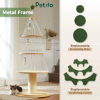 A technical display of the Petifo cat tower showing its white metal frame and the modular design featuring replaceable circular scratching mats
