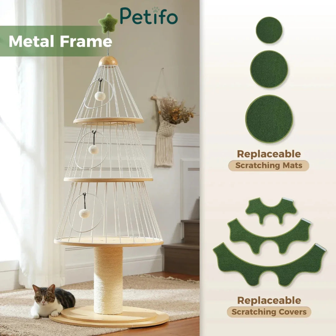 A technical display of the Petifo cat tower showing its white metal frame and the modular design featuring replaceable circular scratching mats