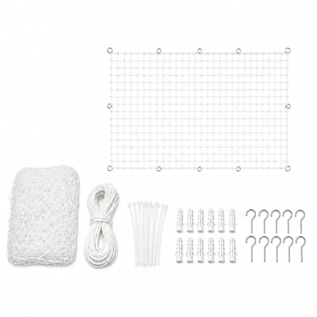 Complete white cat safety net kit including installation rope, cable ties, wall plugs, and metal hooks.