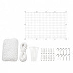 Complete white cat safety net kit including installation rope, cable ties, wall plugs, and metal hooks.
