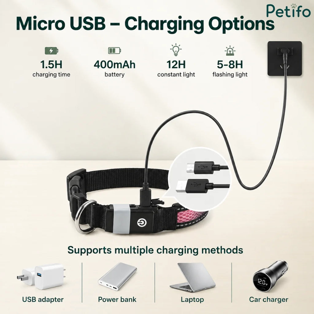 Micro-USB charging specifications for the 400 mAh battery collar showing 1.5 hours charge time, 12 hours constant light, and multi-device charging compatibility.