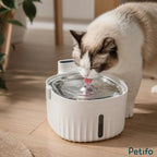 Cute cat quenching its thirst at a minimalist white wireless cat water dispenser indoors.