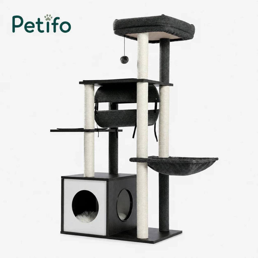 Modern Petifo black and white multi-level cat tree with sisal scratching posts, a cozy enclosed condo base, and a hanging hammock for cat relaxation.
