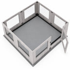 Modern modular wooden pet playpen with transparent window panels and a secure gate for indoor use.