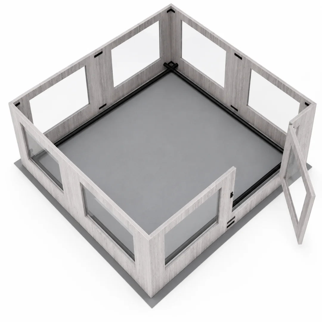 Modern modular wooden pet playpen with transparent window panels and a secure gate for indoor use.