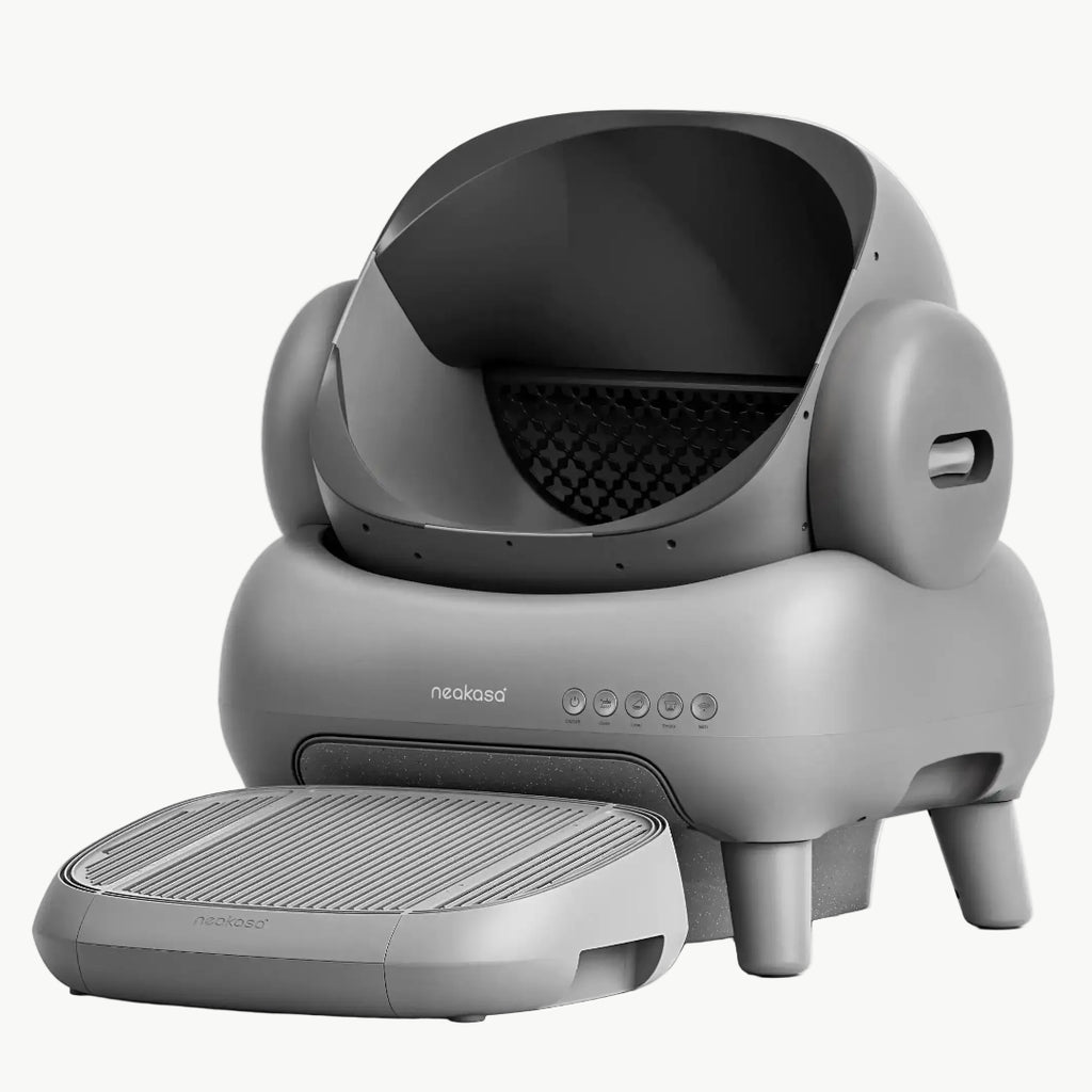 Modern Grey self-cleaning litter box featuring a stylish design and accessible open-top entry.