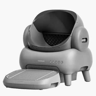 Modern Grey self-cleaning litter box featuring a stylish design and accessible open-top entry.