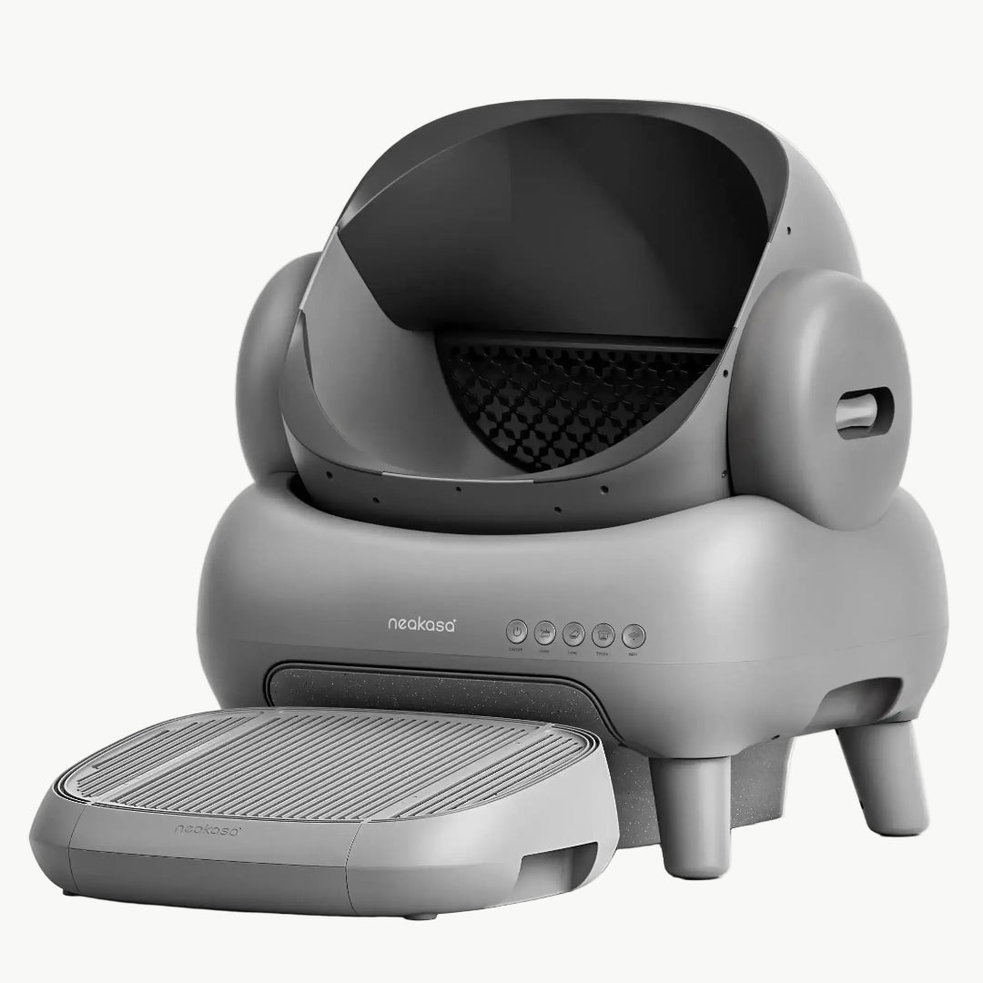 Modern Grey self-cleaning litter box featuring a stylish design and accessible open-top entry.