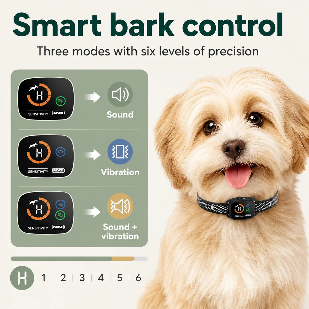 Infographic showing the three smart bark control modes including beep, vibration, and combination settings.