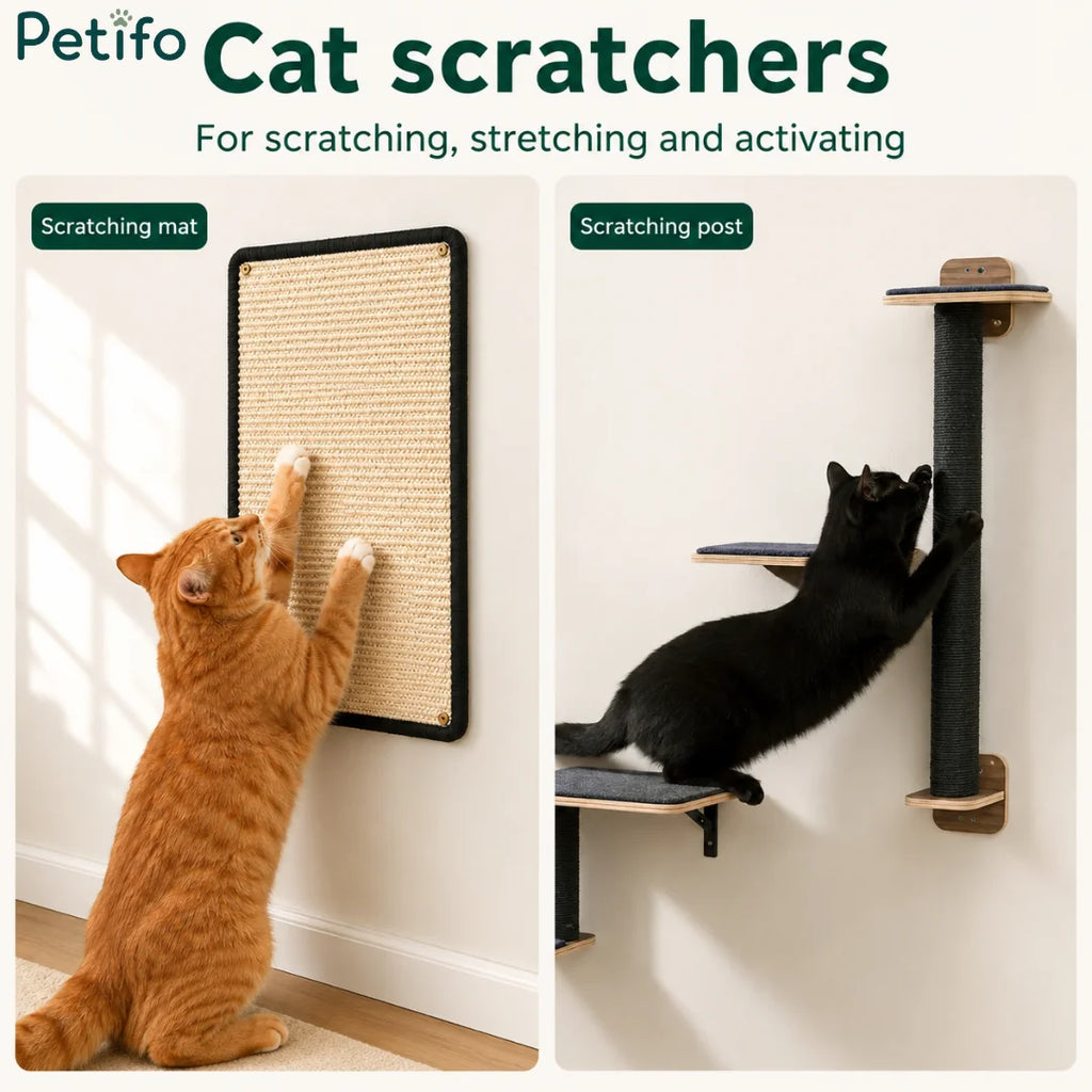 Petifo wall-mounted cat scratching mat and vertical scratching post designed for feline stretching and play.