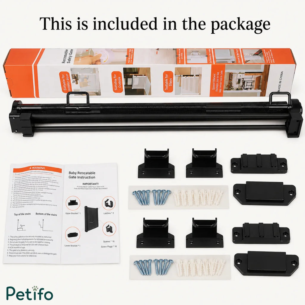 Complete package contents layout for the retractable safety gate including the main roll, mounting brackets, screws, and instruction manual.
