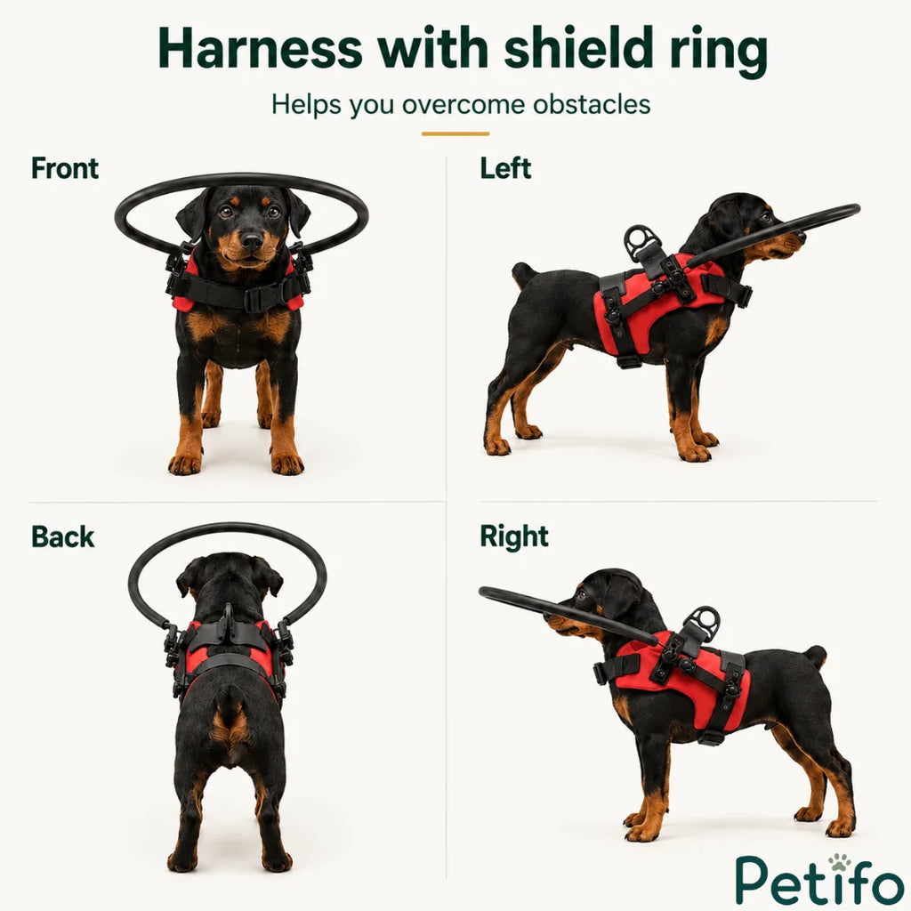Multi-angle front, back, left, and right views of a puppy wearing the red blind dog harness with a halo.
