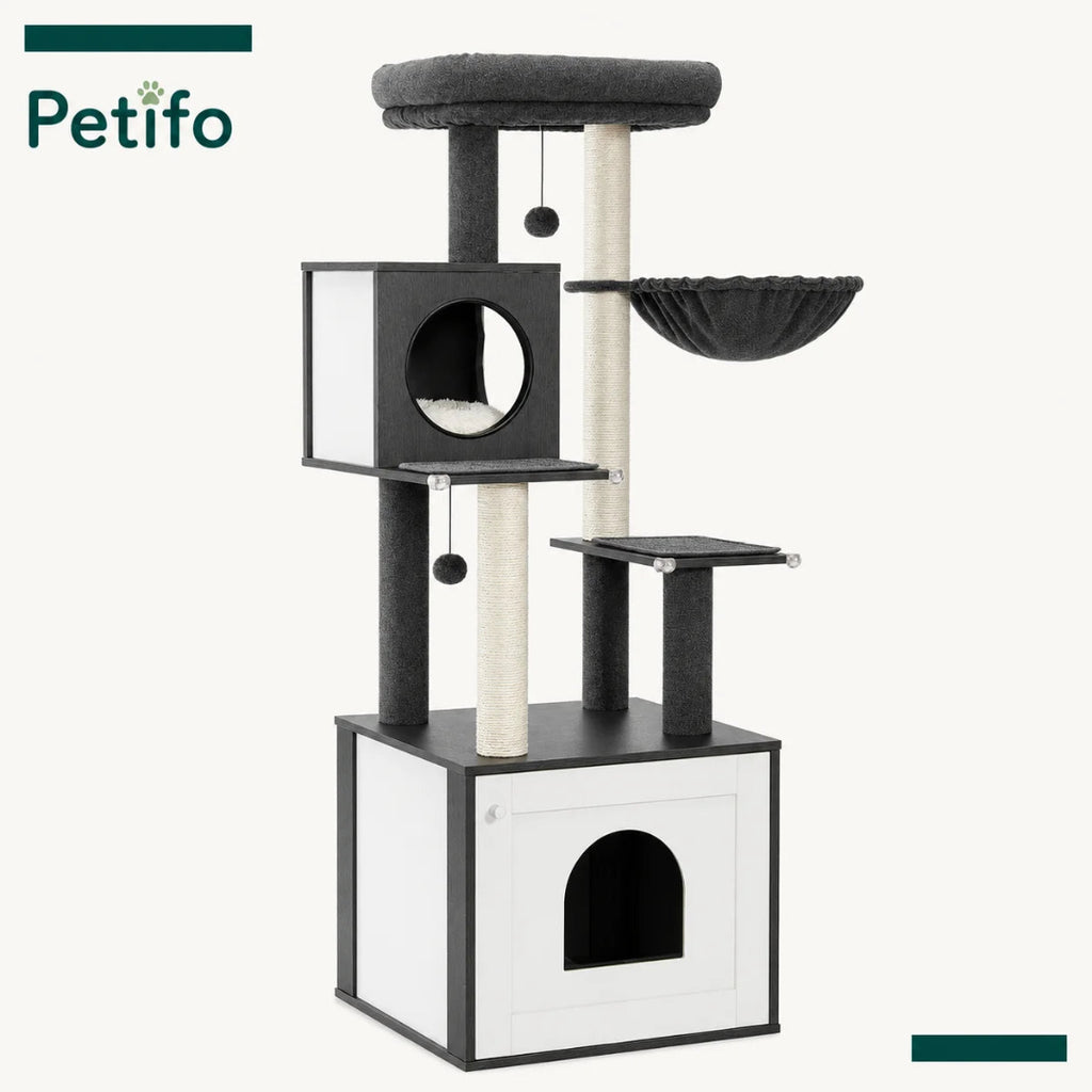 Modern Petifo black and white multi-level cat tree with sisal scratching posts, a cozy enclosed condo base, and a hanging hammock for cat relaxation.