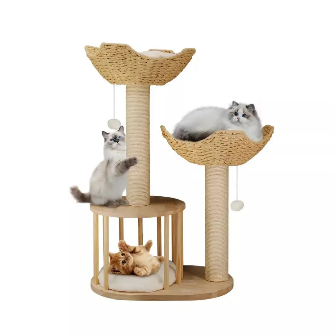 Multi-level wooden cat tree with woven natural baskets, sisal scratching posts, and multiple playing cats.