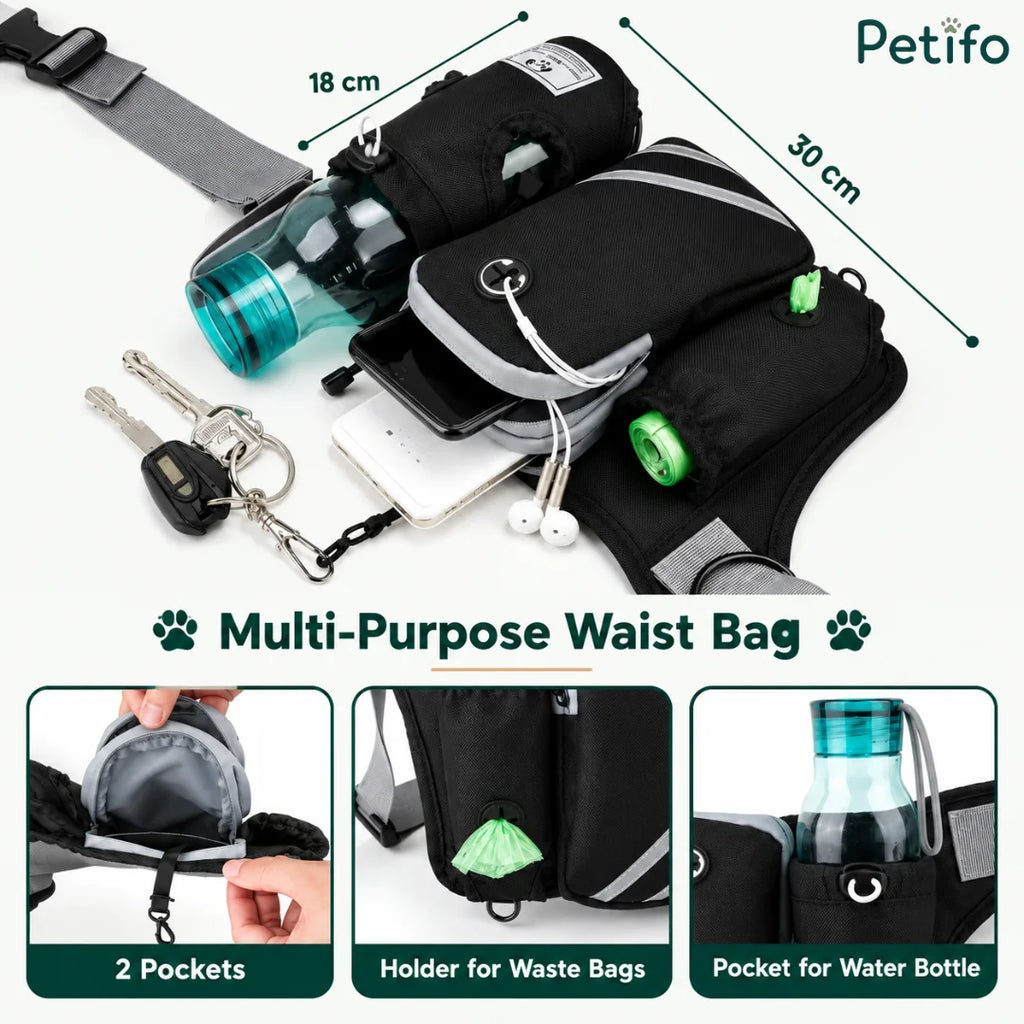 Multi-purpose running waist bag layout highlighting dual zipper pockets, a waste bag dispenser, and a water bottle holder.