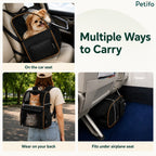 Multi-use demonstration showing the carrier secured on a car seat, worn as a backpack, and stored beneath an airplane seat.