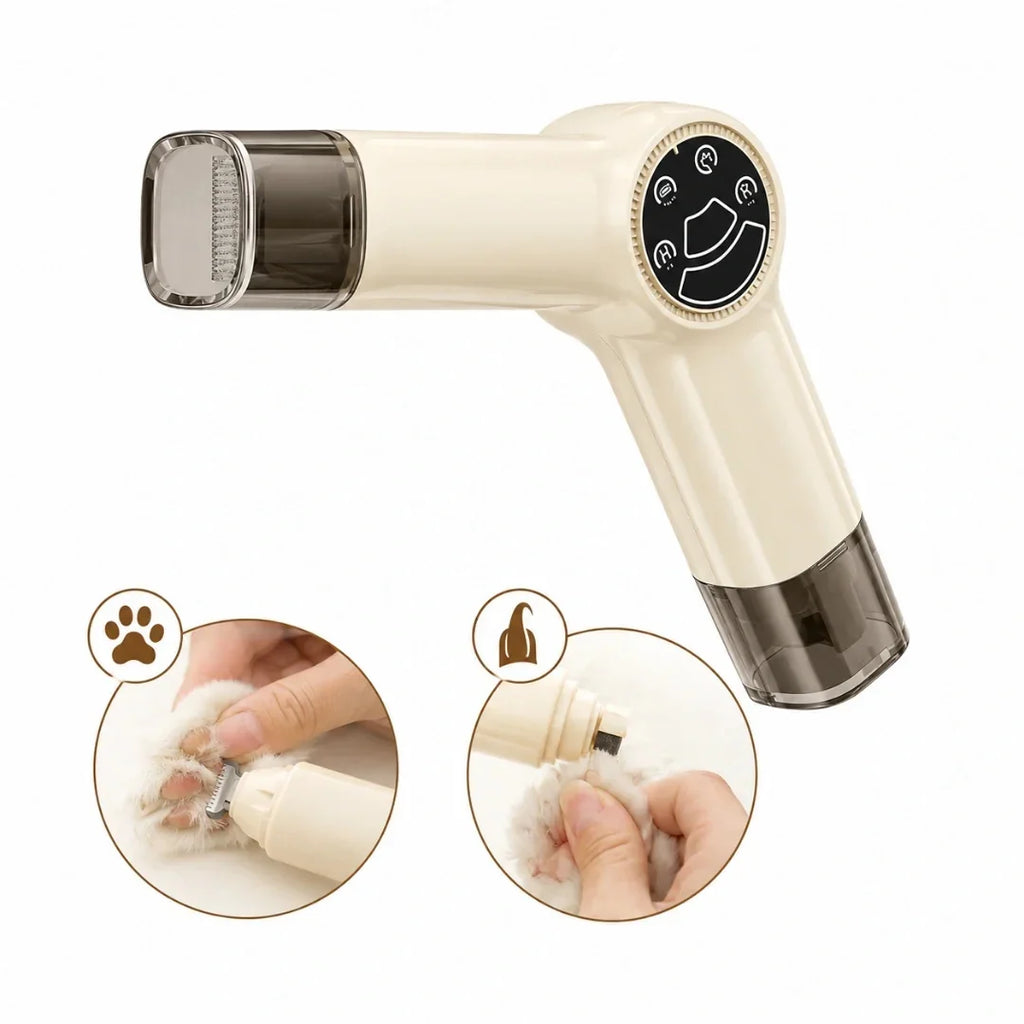 c cordless pet grooming clipper and nail grinder with interchangeable attachments and dual dust collection compartments.