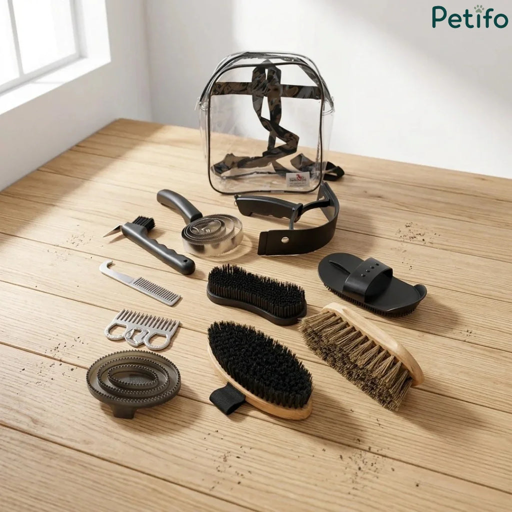 Complete horse grooming kit with multiple brushes, combs, and a clear backpack arranged on a wooden surface.