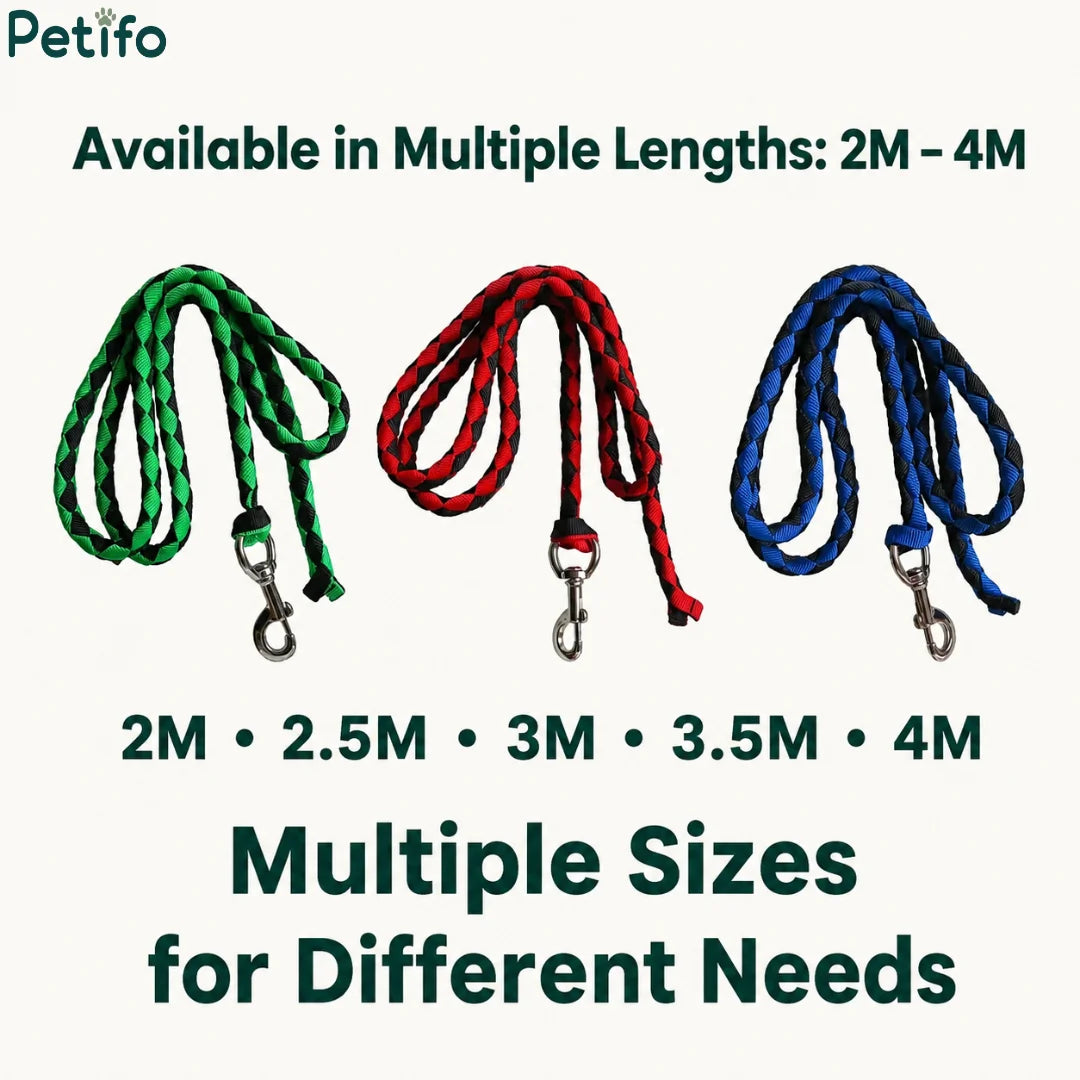 Size chart showing horse lead ropes available in multiple lengths from 2M to 4M.