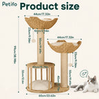 Petifo modern wooden cat tree product size chart displaying full height, width, and basket dimensions.