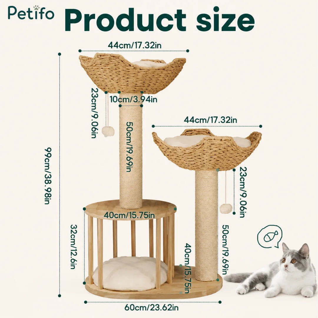 Petifo modern wooden cat tree product size chart displaying full height, width, and basket dimensions.