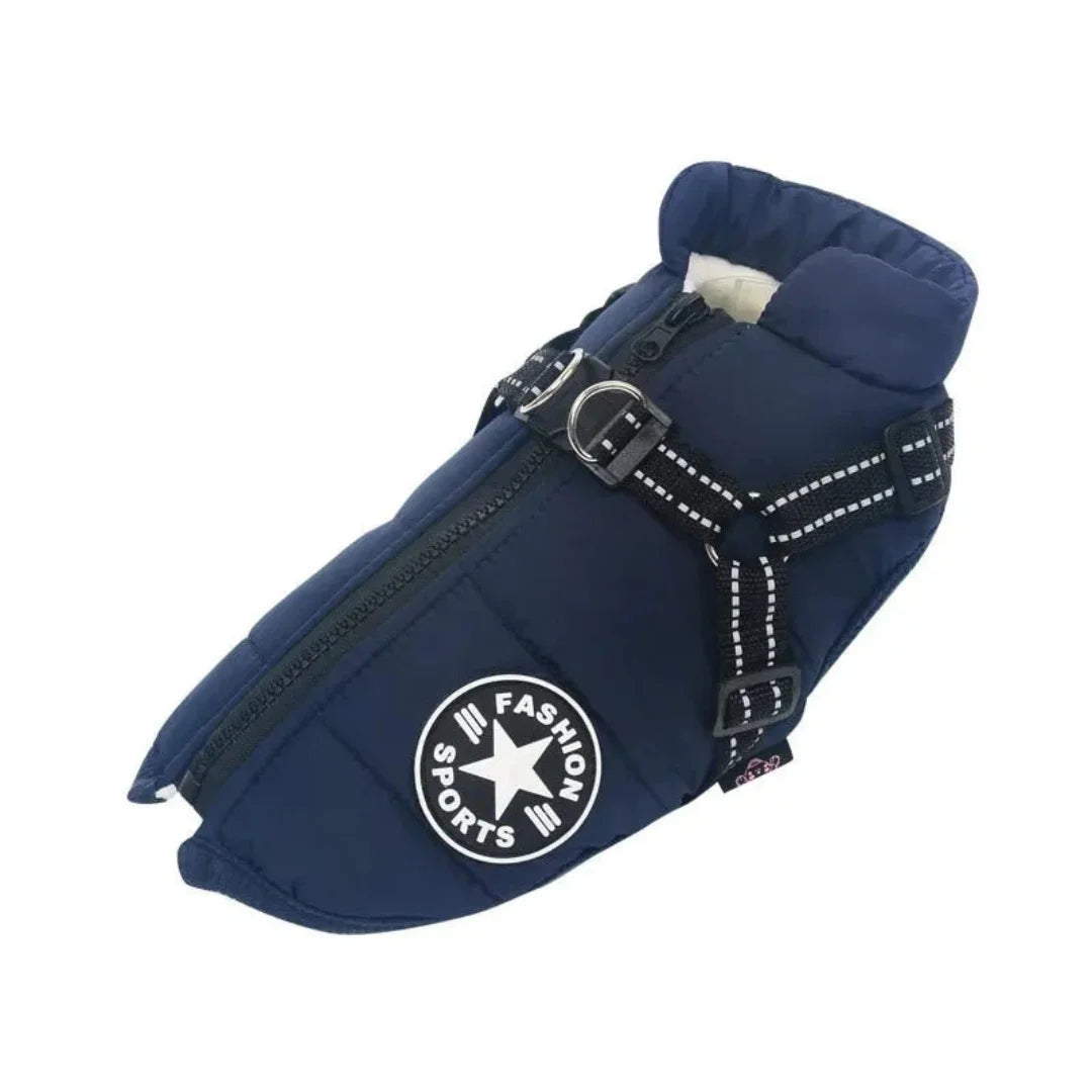 Navy blue winter dog coat featuring durable built-in harness straps and a sport patch design.