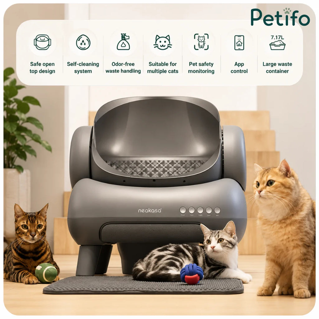 Neakasa smart self-cleaning cat litter box with app control and large waste container for multiple cats.