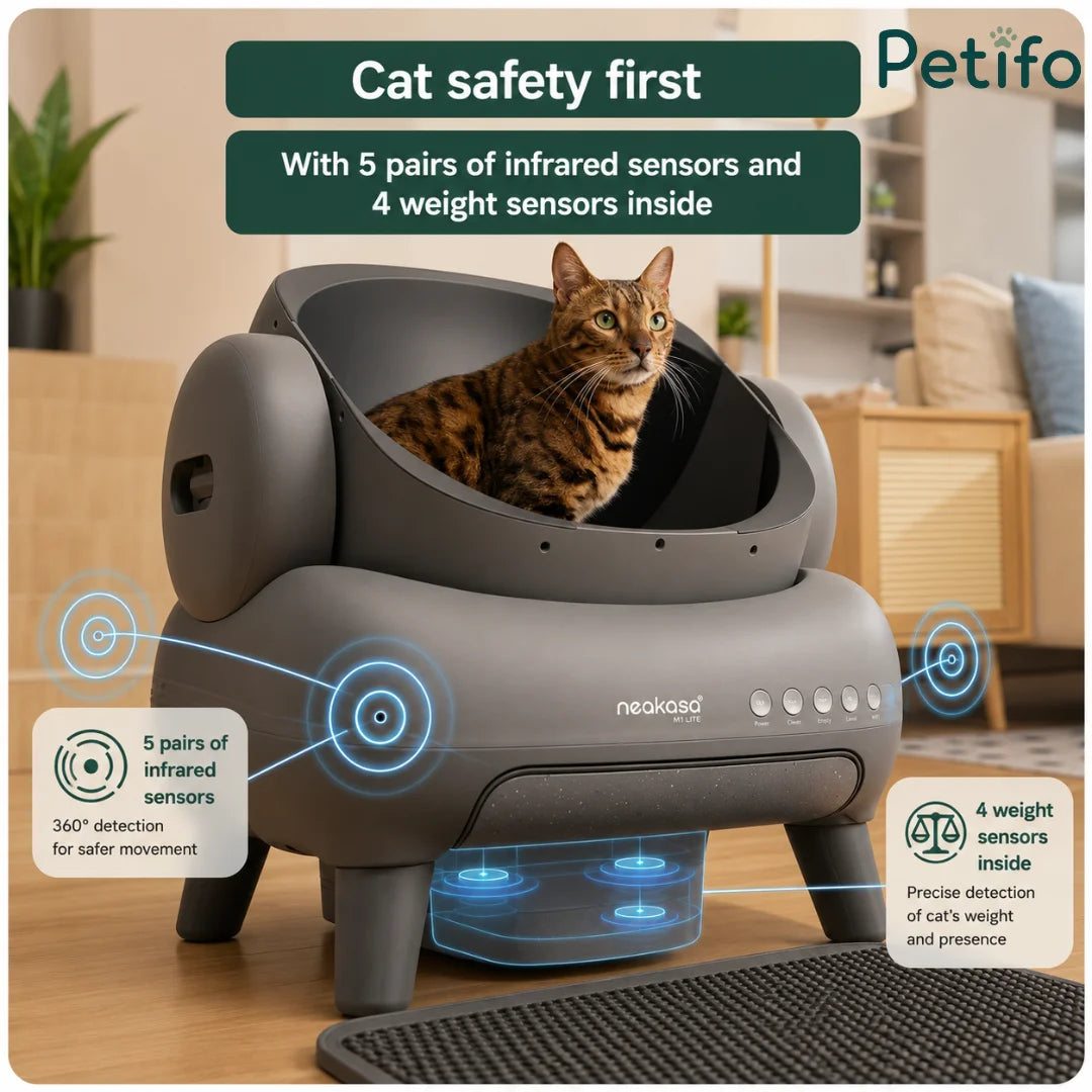 Neakasa automatic cat litter box featuring 5 infrared sensors and 4 weight sensors for enhanced pet safety.
