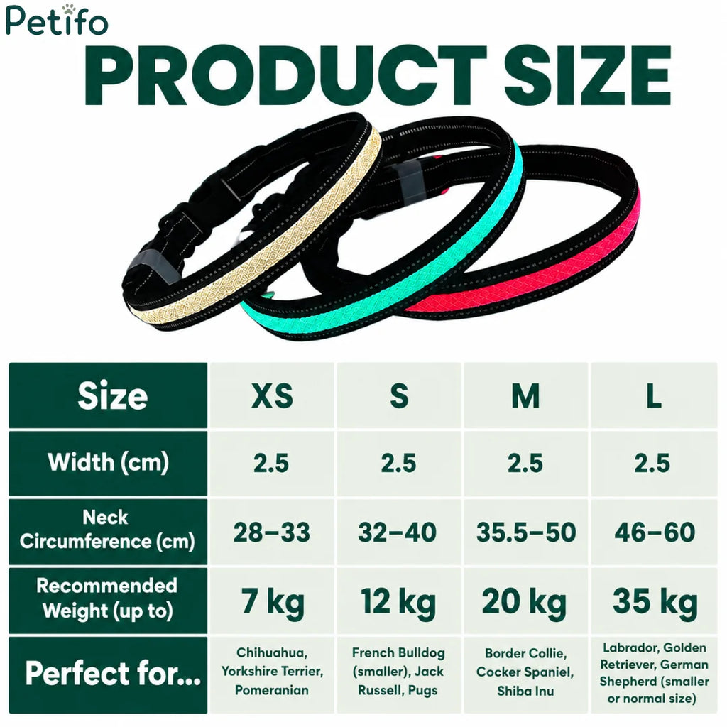 Product size chart showing neck circumference ranges and recommended weight limits from XS to L for the LED dog collar.